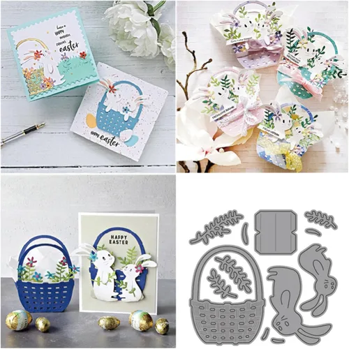 Vista 3 de Cesta de flores de conejo troquelada de metal, plantillas de marco de conejito de animales de Pascua, tarjetas de manualidades, troqueles de corte