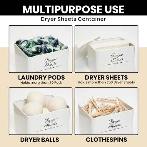 Vista 3 de Contenedor de cápsulas de lavandería de estilo granja de metal con soporte para hojas de secadora para organización y almacenamiento, decoración