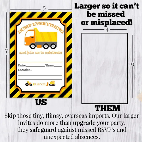 Vista 8 de AmandaCreation - Invitaciones para fiestas de cumpleaños de construcción de camiones volquete de Dump Everything, 20 tarjetas de relleno de 5 x 7