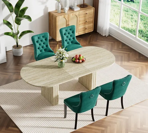 Vista 45 de Pvillez Extendable Dining Table Set of 8, Black Oval Dining Room Table & 8 Black Velvet Dining Chairs with Wood Leg, 62.99"-78.74" Kitchen Table and