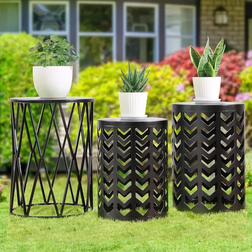 Vista 21 de Y&M Juego de 3 mesas auxiliares doradas, mesa de centro redonda de metal anidable, taburete de jardín de metal resistente, para uso multifuncional