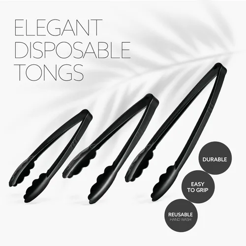 Vista 4 de Plasticpro Juego Combinado de Pinzas para Servir Negras Reutilizables de Servicio Pesado - 4 Piezas (7.5'', 9'', 12'') para Cocina, Barbacoa