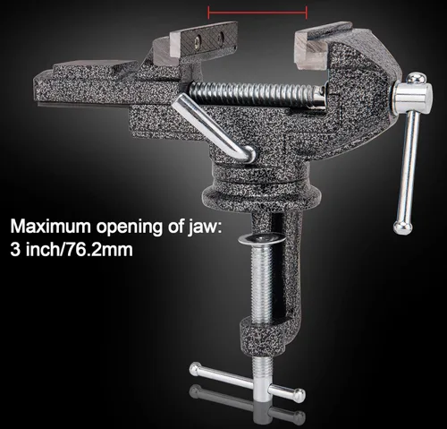 Vista 2 de Tornillo de mesa universal de 3 pulgadas, tornillo de banco portátil con abrazadera, base giratoria de 360°, herramienta fija para carpintería