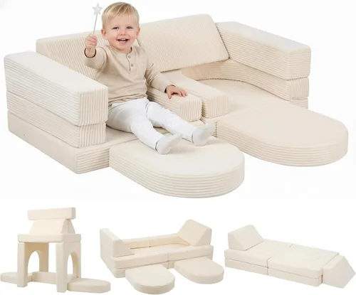 Vista 9 de MeMoreCool Sofá para Niños para Sala de Juegos, Sofá Convertible de Corduroy para Niños Pequeños, Sofá Modular de 8 Piezas para Juegos, Juego