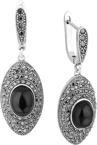 Mytys Aretes colgantes de marcasita negra para mujer, aretes de gota de piedra de ónix negro vintage para mujer, joyería hipoalergénica