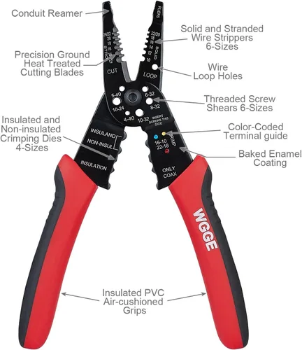 Vista 4 de WGGE WG-015 Professional 8-inch Wire Stripper/Crimping Tool, Cable Cutter/Crimper, Wiring and Multi-Function Hand Tool, Red With Black