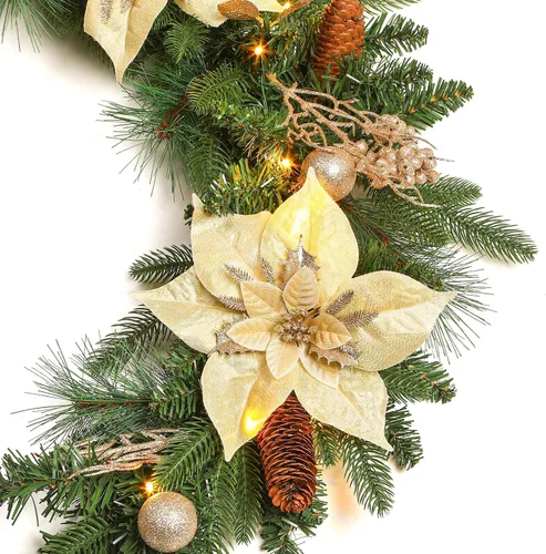 Vista 7 de SHareconn Guirnalda de Navidad Preiluminada de 9 Pies con Luces LED Multicolor, Temporizador a Batería, Guirnalda Iluminada con Bola de Flor