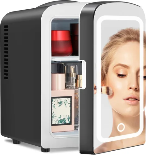 Antarctic Star Mini refrigerador de maquillaje 4L con espejo para dormitorio, automóvil, oficina y dormitorio, enfriador pequeño portátil para Negro