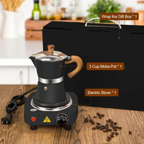 Vista 3 de Juego de Espresso de 2 en 1 con Olla Moka y Cafetera Eléctrica para Estufa, Cafetera de 3 Tazas de Aluminio para Estufa, Percolador, Máquina de Café