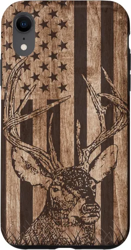 Vista 24 de Funda de madera para iPhone 16 con diseño de ciervo de cola blanca para caza cazador de bandera estadounidense