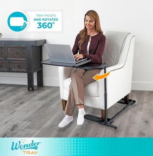 Vista 3 de Able Life, mesa con charola deslizante universal para mirar televisión. Mesa lateral de bambú giratoria, tamaño grande. Soporte para laptop