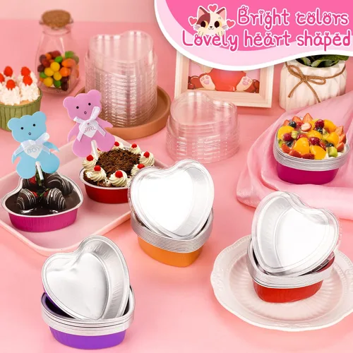 Vista 2 de Sartenes de aluminio en forma de corazón, 40 paquetes de moldes de aluminio para pasteles de corazón con tapas para hornear, 3.4 onzas/3.4 fl oz