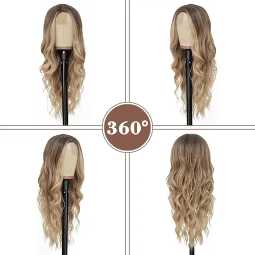 Vista 3 de NAYOO Peluca larga ondulada rubia ombré para mujer, de 26 pulgadas, parte media, rizada, ondulada, de aspecto natural, fibra sintética resistente al
