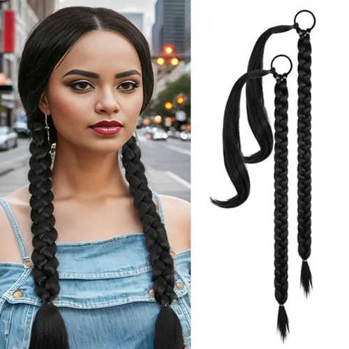 Vista 6 de Extensión de cola de caballo de trenza larga con lazo elástico, 1 unidad, extensiones de cabello sintético lacio y elegante envolvente para mujer