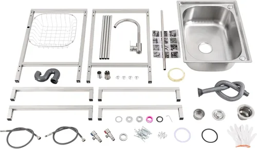 Vista 6 de Fregadero de cocina de acero inoxidable con soporte, fregadero de lavandería simple para el hogar con grifo, lavabo multiusos independiente