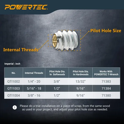 Vista 7 de POWERTEC Insertos de tuerca de 50 1/4'-20 Adecuado para madera dura y madera blanda, carpintería y muebles Longitud de 0.469 in (QTI1002)