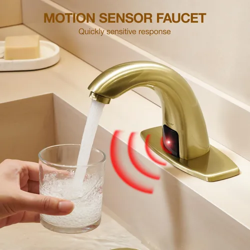 Vista 7 de Charmingwater Grifo de lavabo de baño sin contacto, grifo con sensor automático de movimiento con placa de cubierta de agujero, oro cepillado