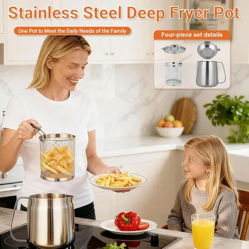 Vista 2 de Olla freidora profunda de acero inoxidable de 119 oz con canasta y colador de aceite, freidora profunda multifuncional, pequeña para estufa