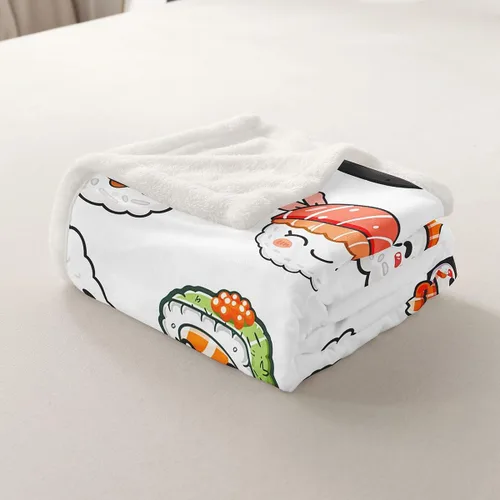 Vista 5 de Feelyou Manta con patrón de sushi de forro polar de estilo japonés para sofá, sofá de viaje, para adolescentes, manta sherpa con temática