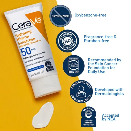 Vista 3 de CeraVe Protector solar 100% mineral SPF 50, protector solar facial con óxido de zinc y dióxido de titanio, ácido hialurónico + niacinamida +