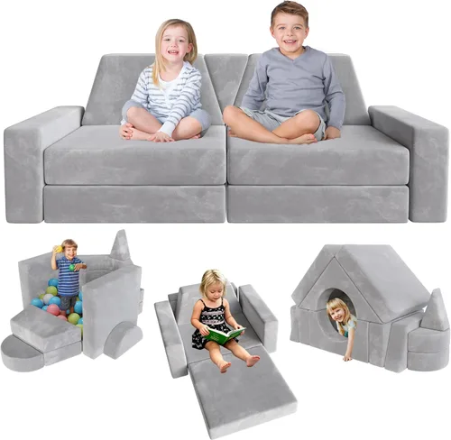 Vista 11 de 15 piezas Sofá de juego modular para niños, Sofá para niños pequeños y niños, sofás para niños pequeños, Kit de construcción de fortalezas con sofás