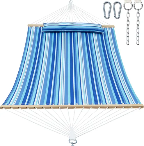 Vista 17 de Gafete Hamacas para 2 personas de 12 pies para exteriores, hamaca de tela doble acolchada para exteriores con barra separadora, almohada extraíble