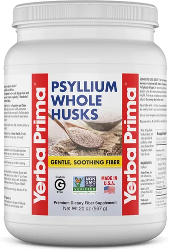 Yerba Prima Suplemento de fibra de cáscaras enteras de psyllium - Limpieza de colon - Salud intestinal - Vegano sin OMG sin gluten - 20 onzas