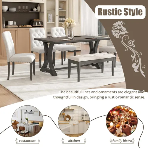 Vista 7 de Juego de mesa de comedor de 6 piezas estilo granja, mesa rectangular con soporte y 4 sillas tapizadas y banco, juego de muebles de cocina