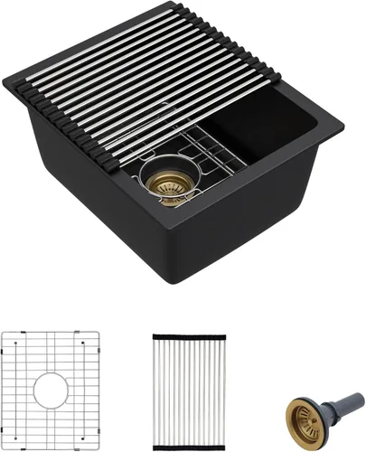 Vista 28 de 12"x16" Undermount Bar Prep Sink – Matte Black Granite Composite Quartz Classic Under Counter Single Bowl Sink Basin for Wet Bar, RV, Outdoor