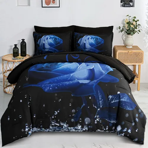 Vista 15 de Xruibed Juego de edredón azul de 7 piezas en una bolsa, juego de cama completo, edredón con diseño de rosas azules, juego de ropa de cama reversible