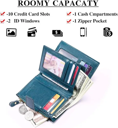 Vista 2 de FALAN MULE - Cartera de cuero auténtico para mujer, pequeña plegable , compacta, con interferencia de radiofrecuencia (RFID)