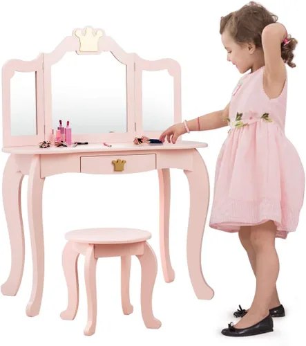 Vista 2 de KOTEK Juego de tocador para niños con espejo de tres pliegues, tocador de maquillaje de princesa con parte superior y cajón desmontables, juego