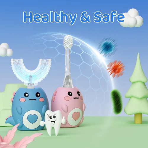 Vista 6 de Cepillo de dientes eléctrico en forma de U para niños, con 3 modos de limpieza, con 4 cabezales de cepillo, cepillo de dientes automático sónico
