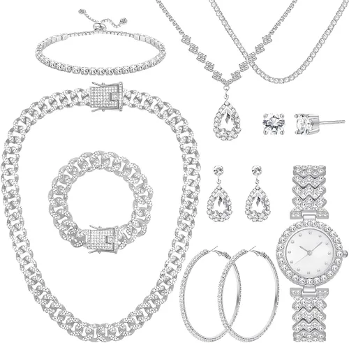 Vista 10 de NEWITIN 13 Pcs Silver Jewelry Set for Women Bling Diamond Cuban Jewelry Set Conjunto de joyas de plata