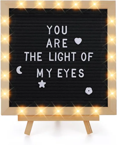 Tablero de letras de fieltro intercambiable con luces LED, letreros personalizados de mensajes de 10 x 10 pulgadas, soporte de madera y 450 letras,