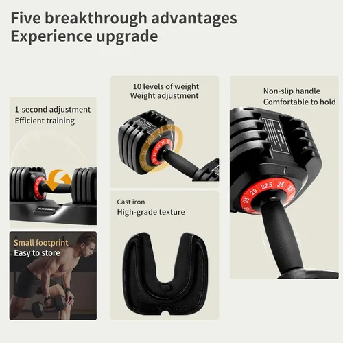 Vista 3 de Juego de mancuernas ajustables con 10 niveles de peso, mango antideslizante, sistema de ajuste rápido de peso, placas de acero endurecido, diseño