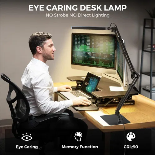 Vista 5 de SKYLEO - Lámpara de escritorio LED con base delgada - Luz de escritorio de brazo oscilante ajustable, regulable, temporizador, protección