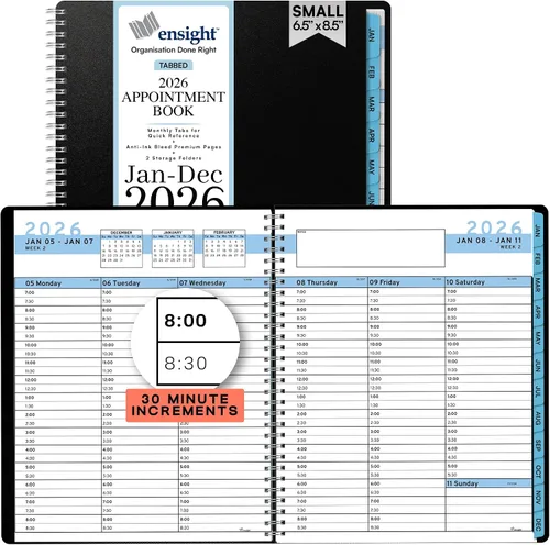 Agenda y planificador de citas Ensight 2026 6.5 x 8.5 pulgadas Libro de programación diario, semanal y por hora grande con pestañas, intervalos de