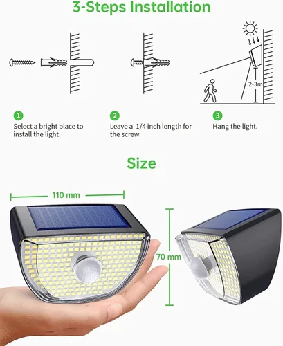 Vista 7 de WHPG005AB - Luces solares para exteriores, 200 LED con 3 modos de iluminación, luces solares con sensor de movimiento, luces solares impermeables