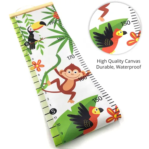 Vista 3 de HomeEvolution Tabla de crecimiento para niños, tabla de medición de altura, lona de animales de la selva, reglas para colgar en la pared