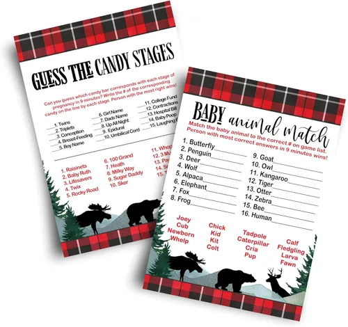 Paper Clever Party Lumberjack Baby Shower Candy Match y juegos a juego de animales, rojo rústico y negro, tarjetas de doble cara de 5 x 7, 25