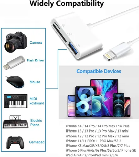 Vista 6 de Apple Lightning a tarjeta SD y TF Adaptador de cámara USB para iPhone/iPad, lector de tarjetas 3 en 1 USB Dongle para unidad flash USB, teclado