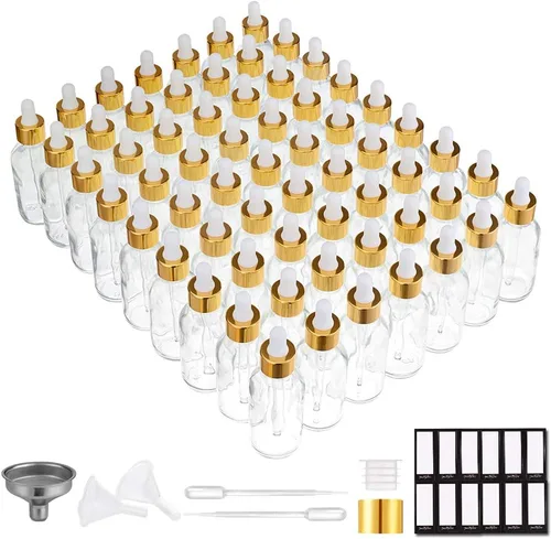 Vista 18 de PrettyCare Botella de Vidrio con Cuentagotas para Ojos 2 oz (60 ml), 24 Piezas de Botellas Transparentes y Vacías Gruesas a Granel con Tapas Dorada