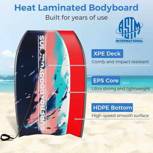 Vista 4 de Goplus Tabla de cuerpo ligera de 41/37/33 pulgadas para playa, tabla de surf con núcleo EPS, cubierta XPE, parte inferior lisa de HDPE, correa