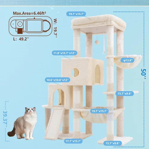 Vista 2 de Hey-brother Torre para Gatos, Postes Rascadores con Plataforma Grande, 2 Condos, Hamaca Espaciosa, Cesta Acogedora, Tablero de Sisal para Gatos