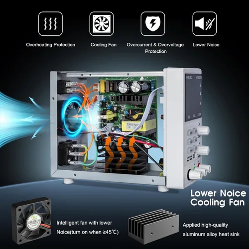 Vista 4 de Fuente de alimentación CC variable, fuente de alimentación de banco regulada de conmutación 0-50V 0-6A máx150W con memoria, pantalla LED de 4