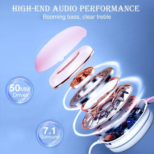 Vista 5 de AULA Auriculares USB para juegos con micrófono para PC, auriculares retroiluminados RGB arcoíris, sonido envolvente virtual 7.1, controlador