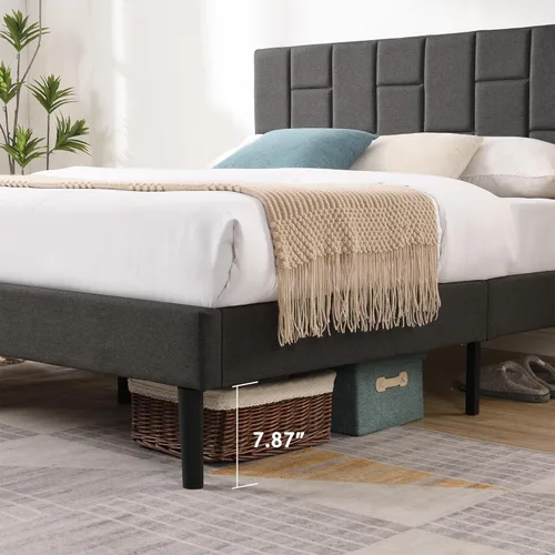 Vista 4 de Base de cama tamaño Queen con cabecero, base de cama tapizada con plataforma de lino con soporte de listones de madera, sin ruido, no necesita
