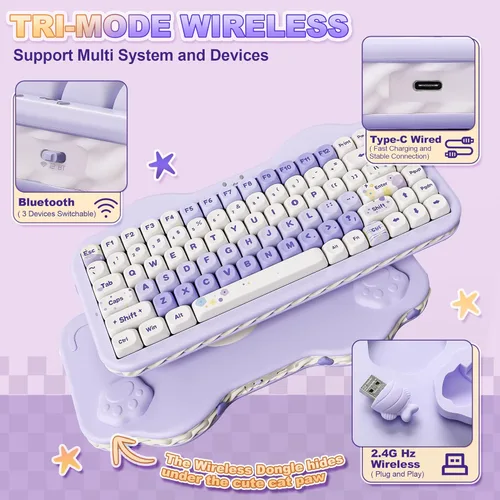 Vista 3 de YUNZII Teclado mecánico inalámbrico C75, diseño del 75%, NKRO intercambiable en caliente, modo BT5.02.4GUSB-C, teclas Dye-Sub PBT MOA, montaje