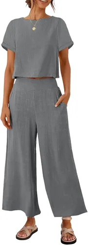 ZESICA Conjunto de 2 piezas para mujer, camiseta corta de lino de manga corta y pantalones de cintura alta a juego, ropa de moda 2023